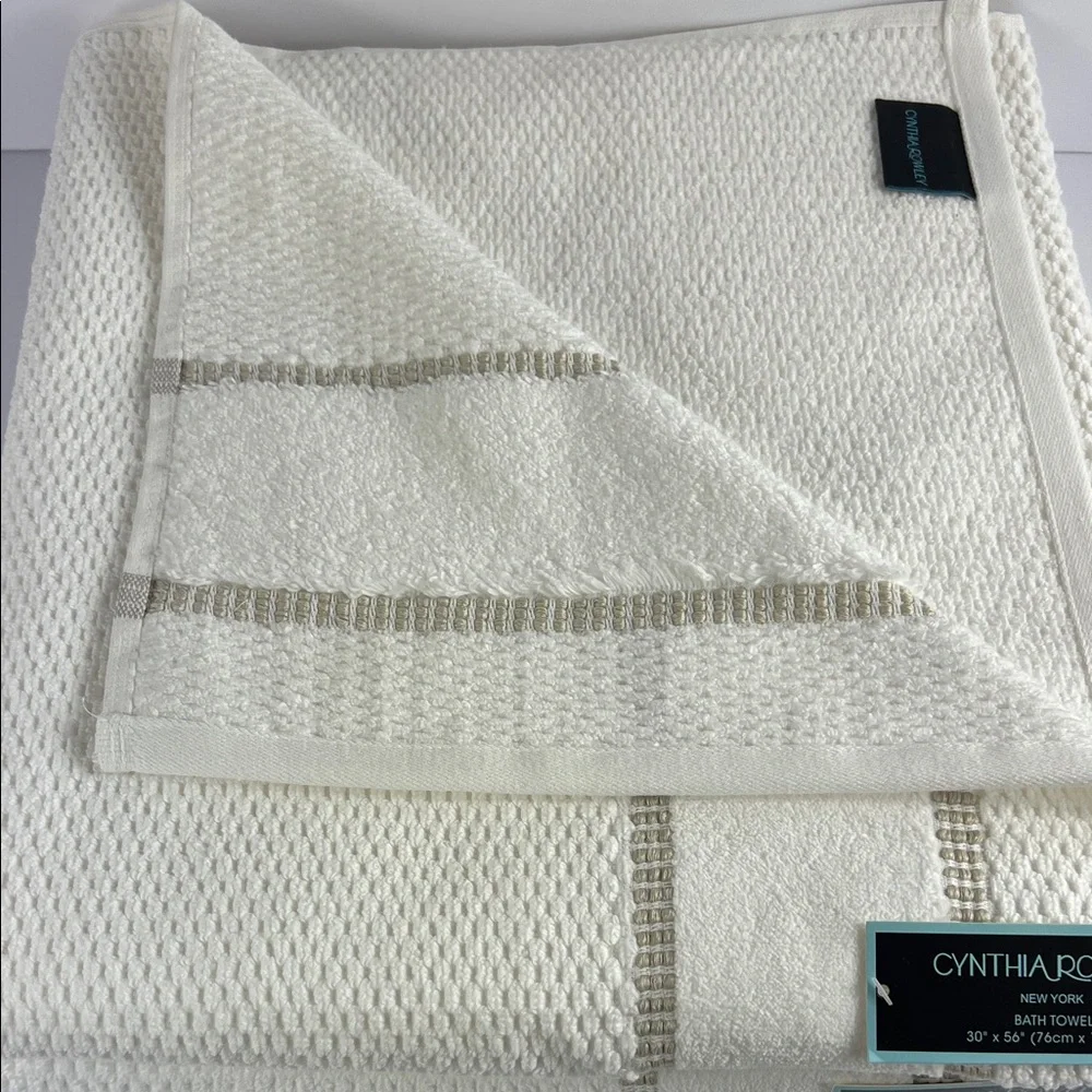 Cynthia Rowley Bath Towels Off White with Tan Stripes Soft Cotton Set of 2 NEW
